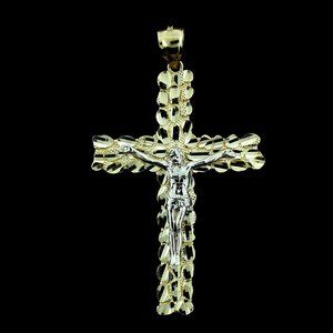 Real 10K Yellow Gold Large Nugget Cross Pendant